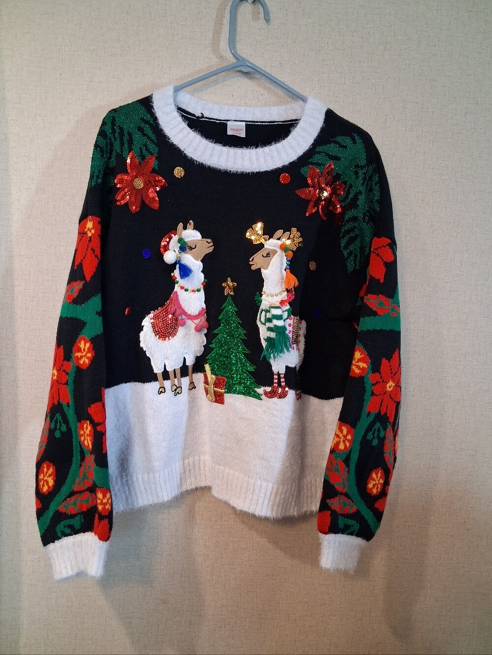 Holiday Time Black White Llama Sequin Holiday Sweater Christmas ugly sweater
